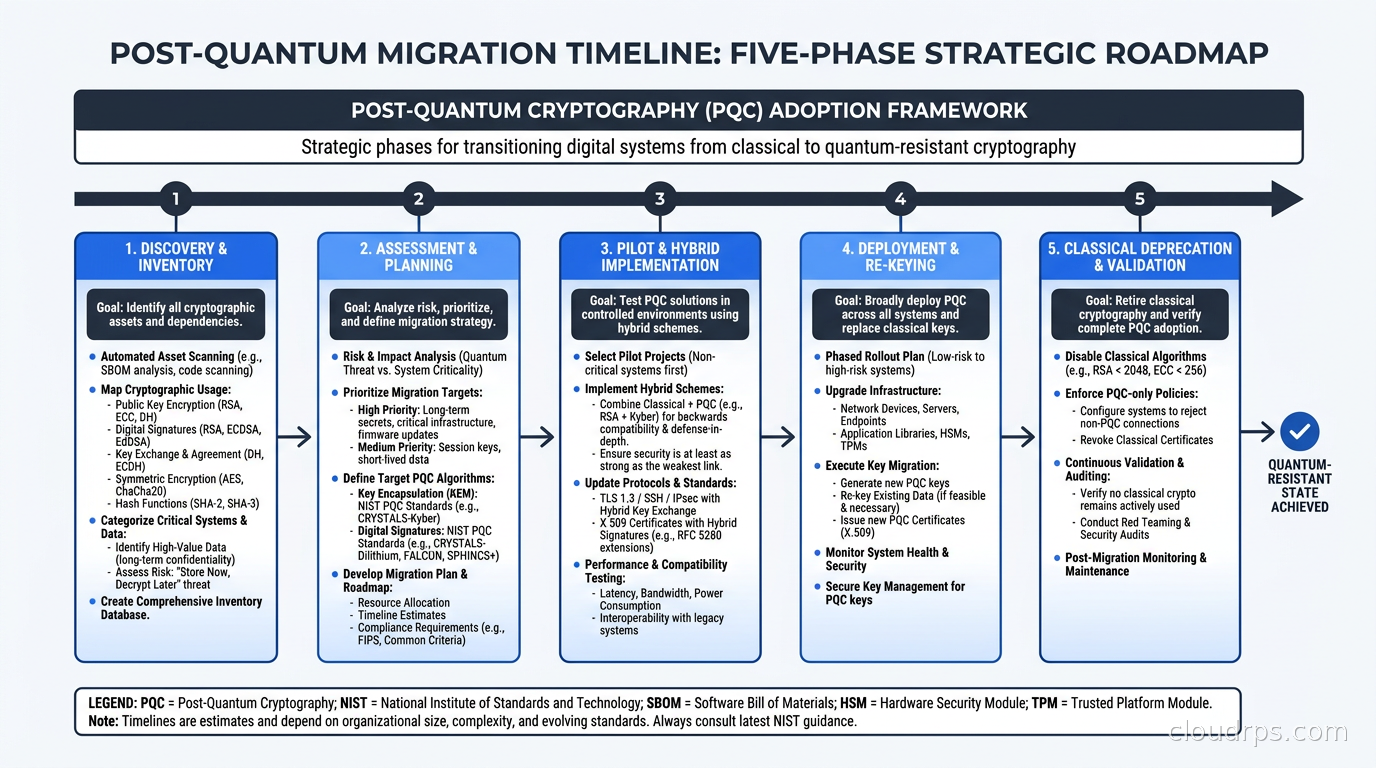 Post-quantum migration timeline showing five phases from inventory through classical deprecation