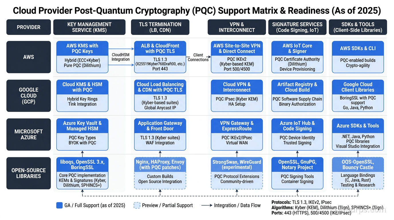Cloud provider post-quantum cryptography support matrix showing AWS, GCP, Azure, and open-source library readiness as of 2025