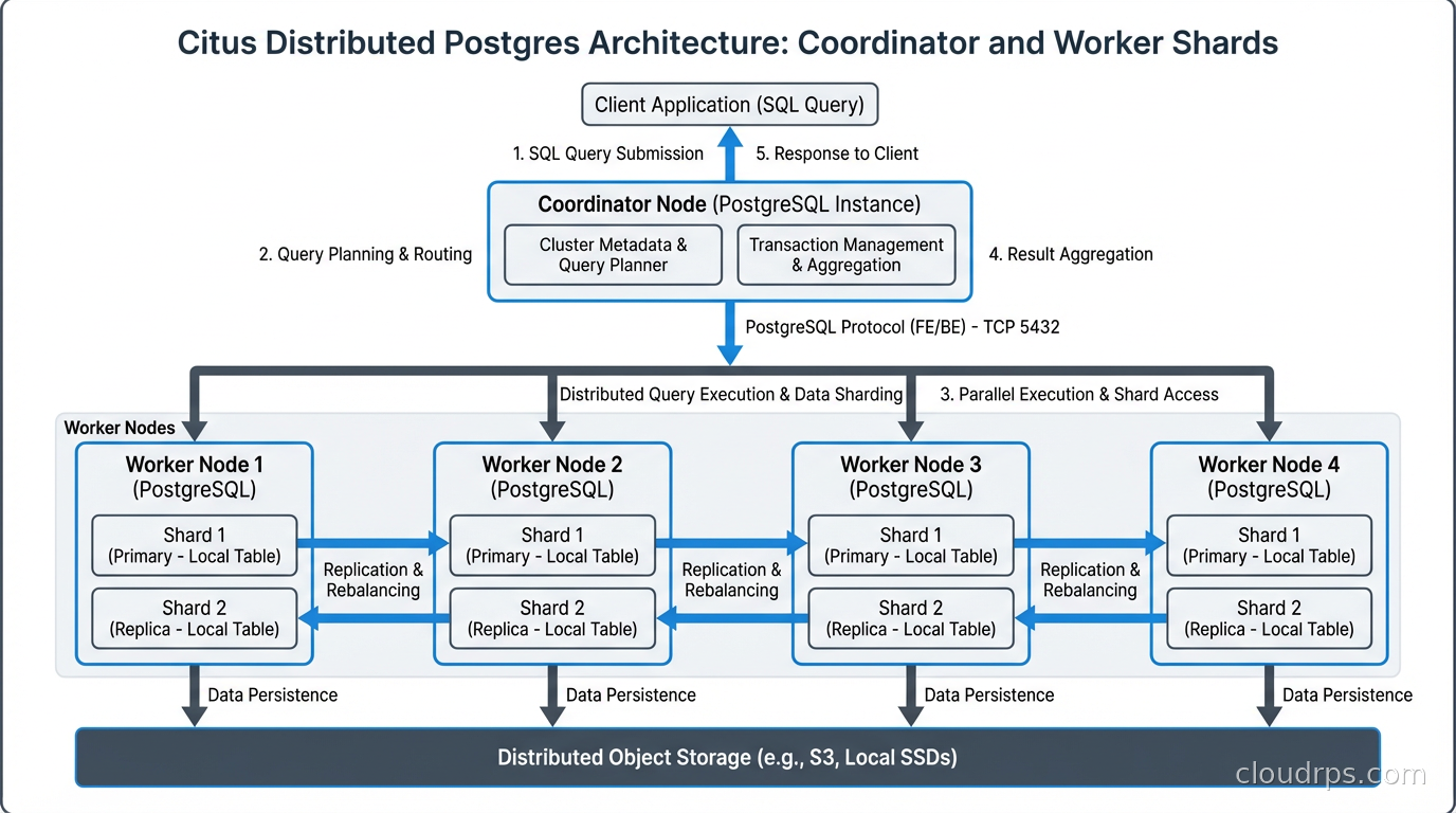Citus distributed Postgres architecture with coordinator node and worker shards