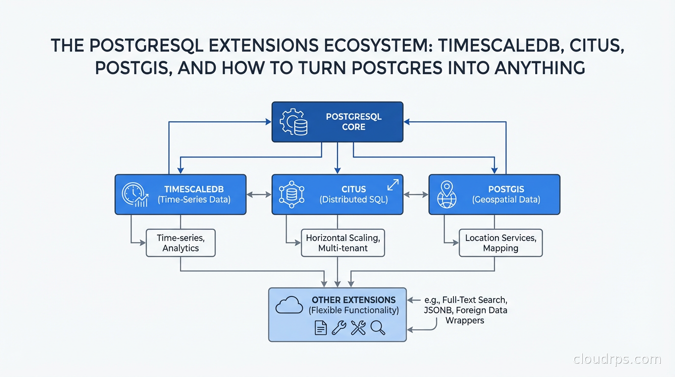 PostgreSQL extension ecosystem diagram showing TimescaleDB, Citus, PostGIS and other extensions layered on Postgres core