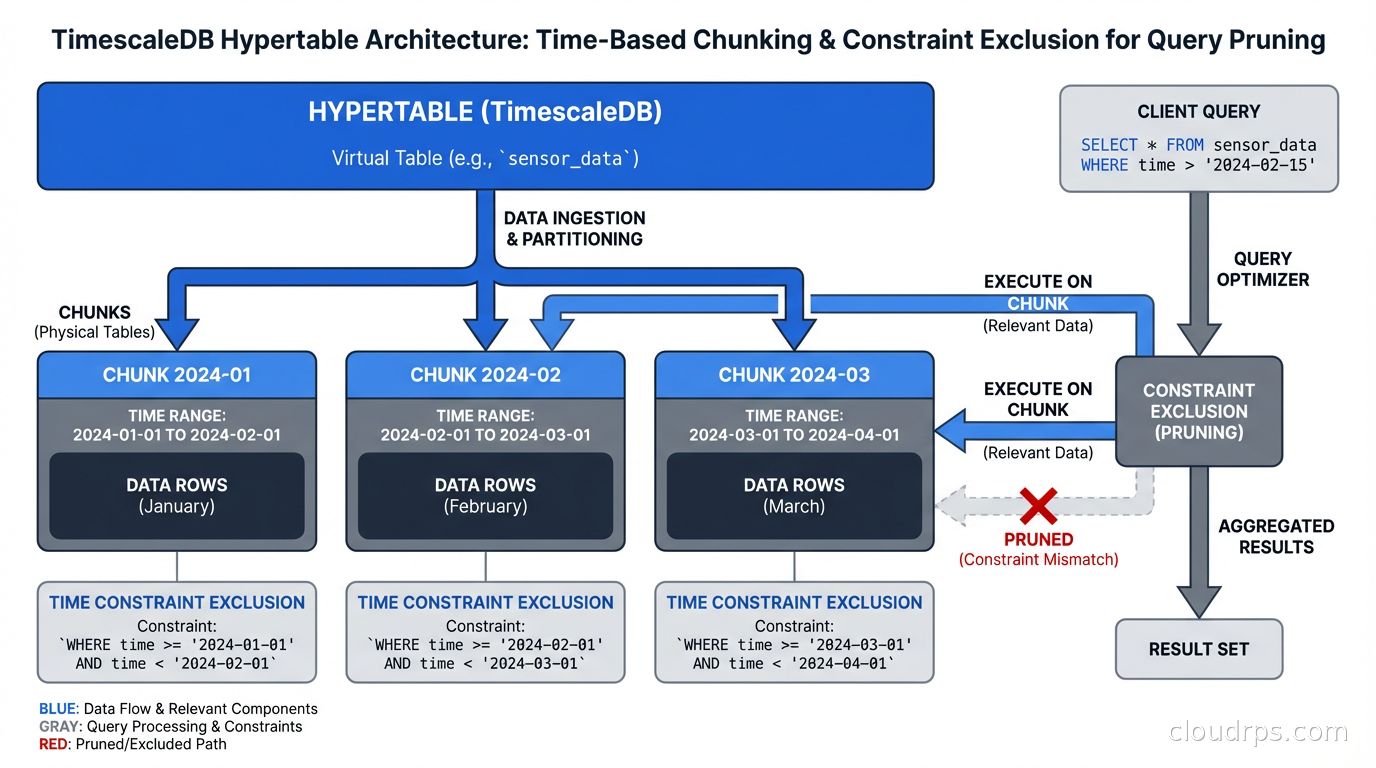 TimescaleDB hypertable architecture showing time-based chunks with constraint exclusion for query pruning
