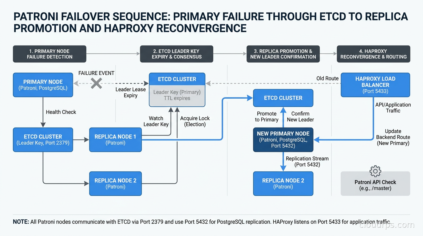 Timeline diagram showing Patroni failover sequence from primary failure detection through etcd leader key expiry to replica promotion and HAProxy reconvergence