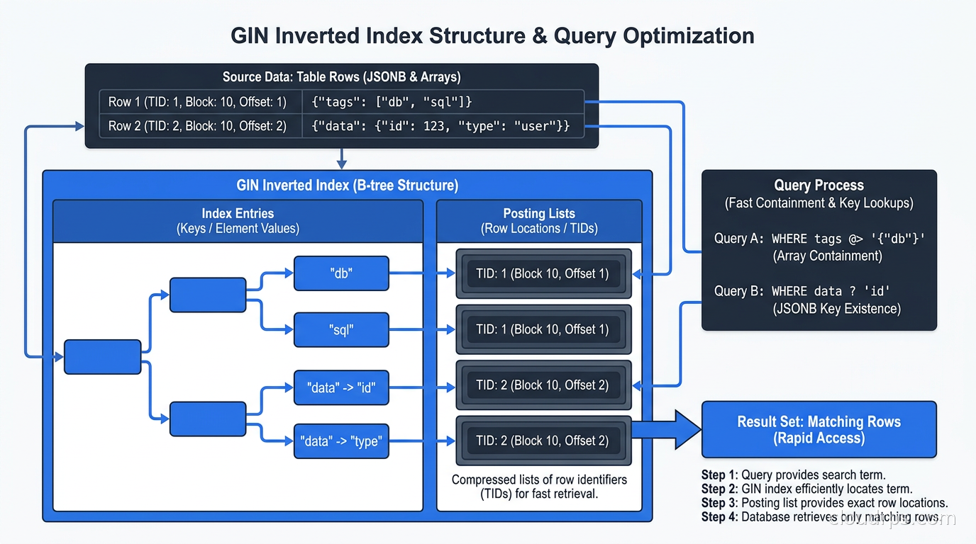 GIN inverted index structure showing how element values map to row locations, enabling fast array containment and JSONB key queries