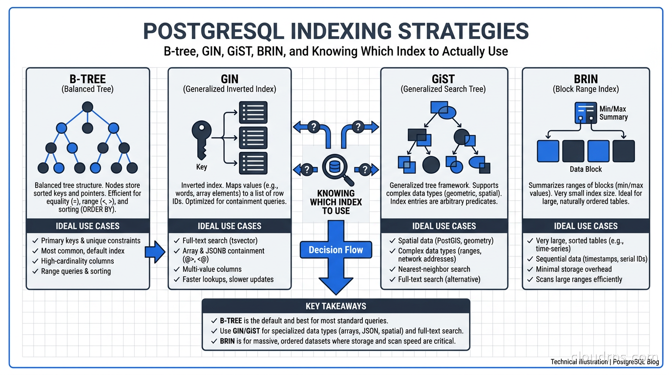 Diagram comparing PostgreSQL index types B-tree, GIN, GiST, and BRIN with their data structures and ideal use cases