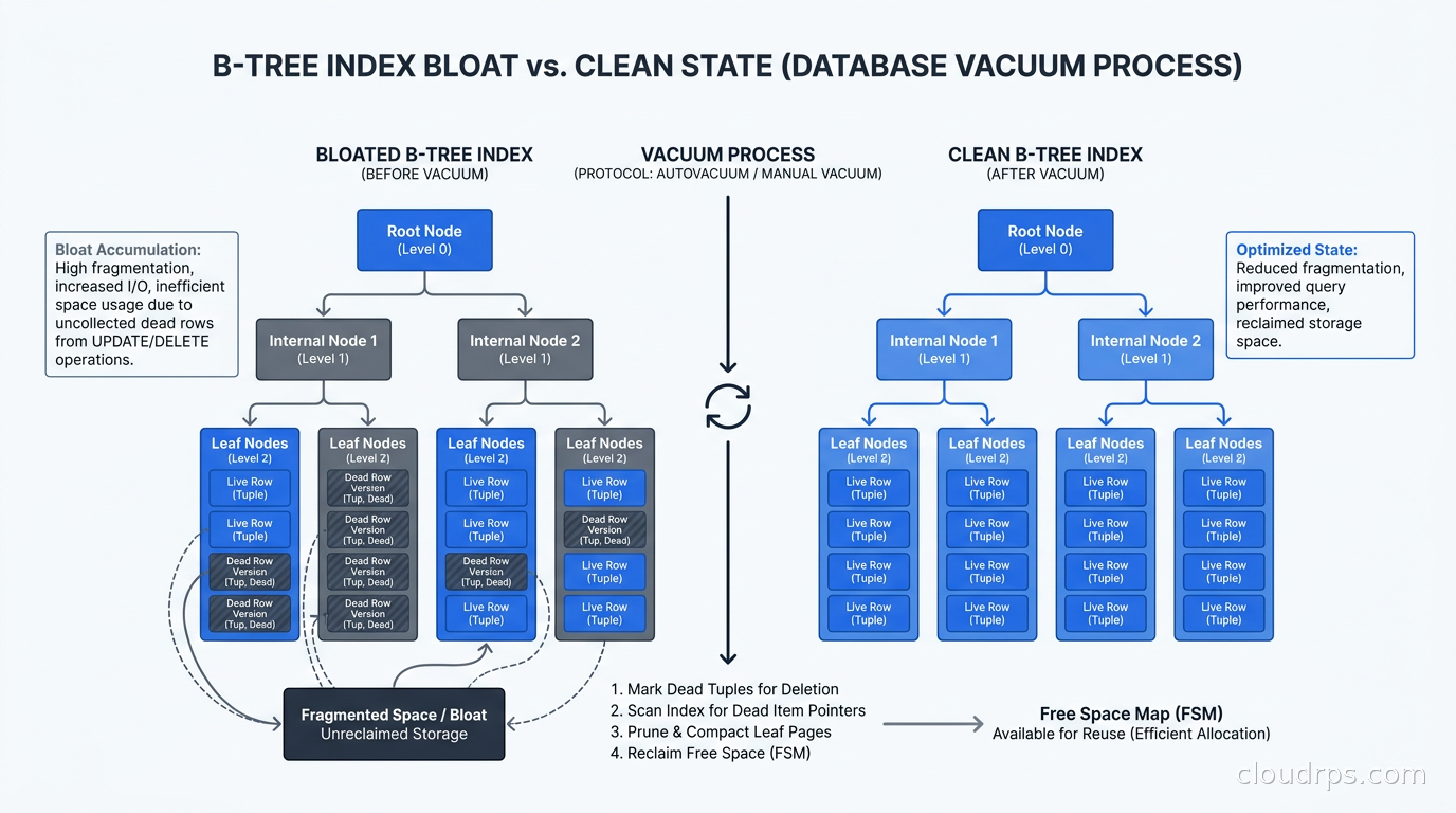 B-tree index showing bloat accumulation from dead row versions on the left versus a clean, vacuumed index on the right