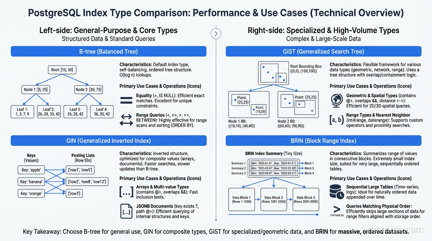 PostgreSQL index type comparison: B-tree for equality and range, GIN for arrays and JSONB, GiST for geometric and range types, BRIN for sequential large tables