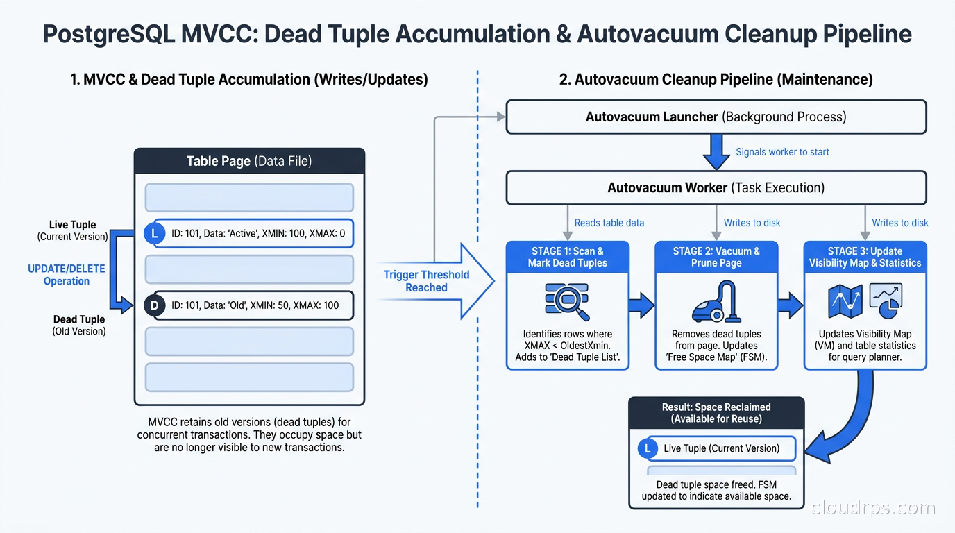 PostgreSQL MVCC dead tuple accumulation and the autovacuum cleanup pipeline