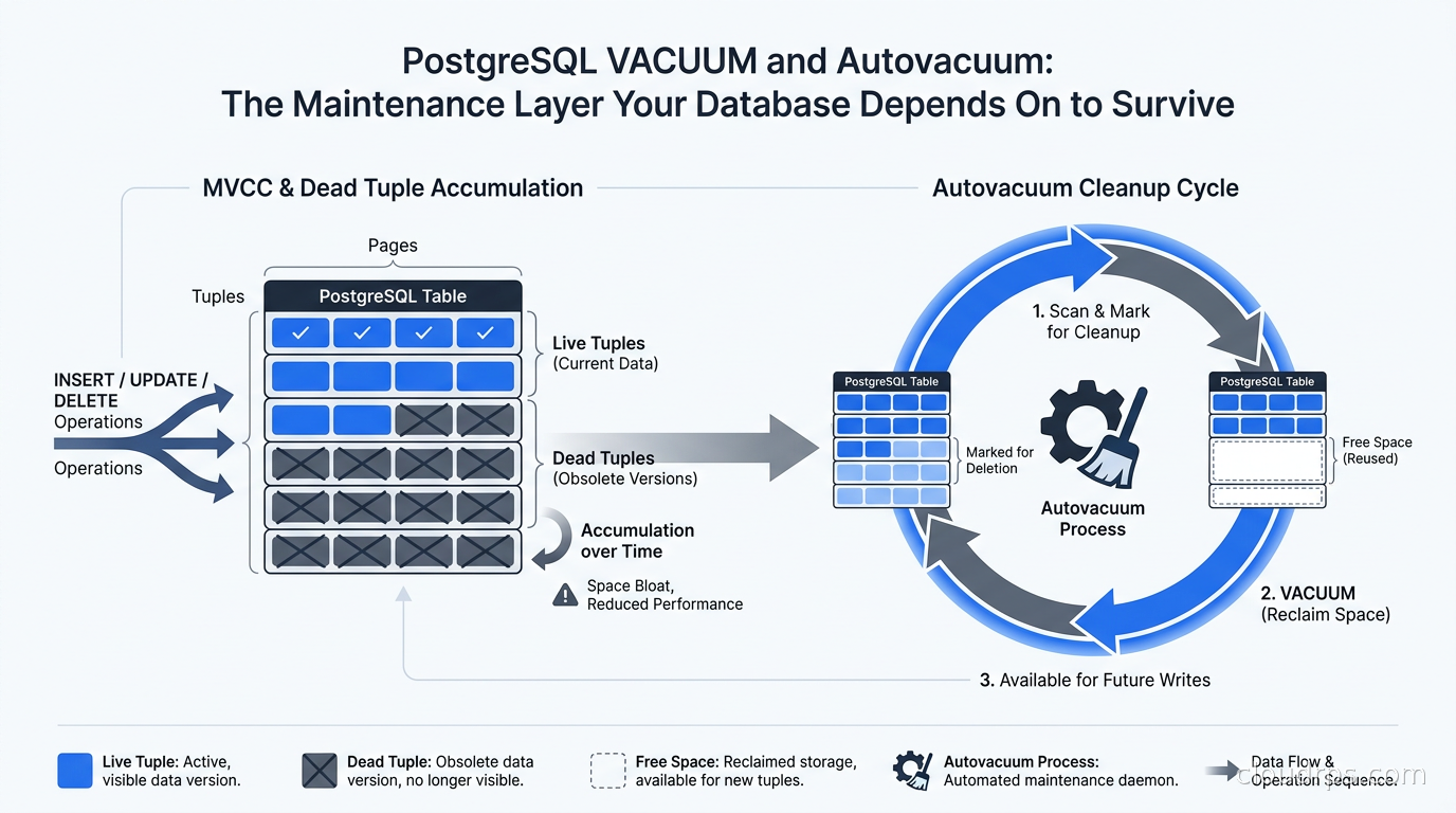 Diagram showing PostgreSQL MVCC dead tuple accumulation and autovacuum cleanup cycle