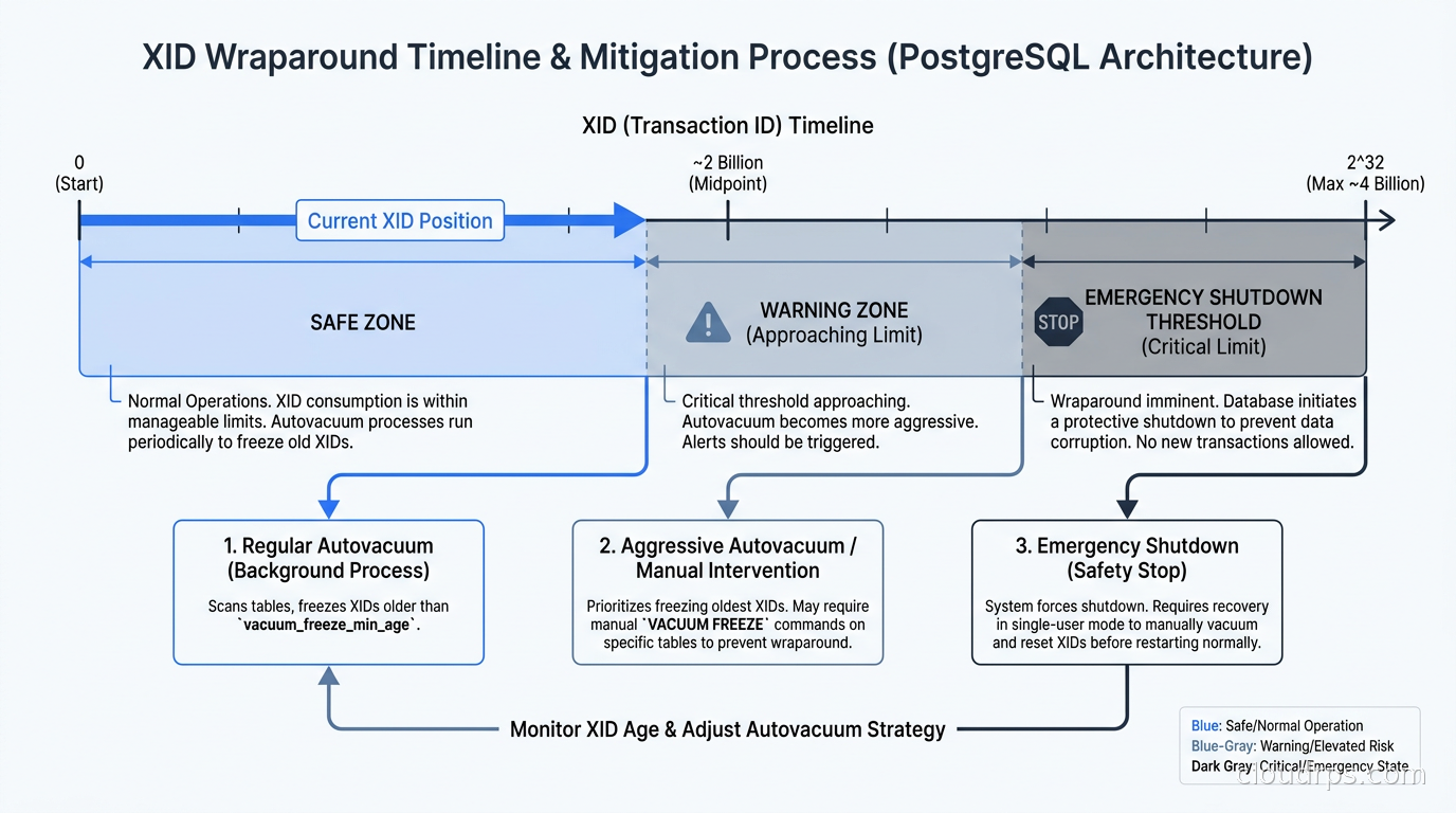XID wraparound timeline showing safe zone, warning zone, and emergency shutdown threshold