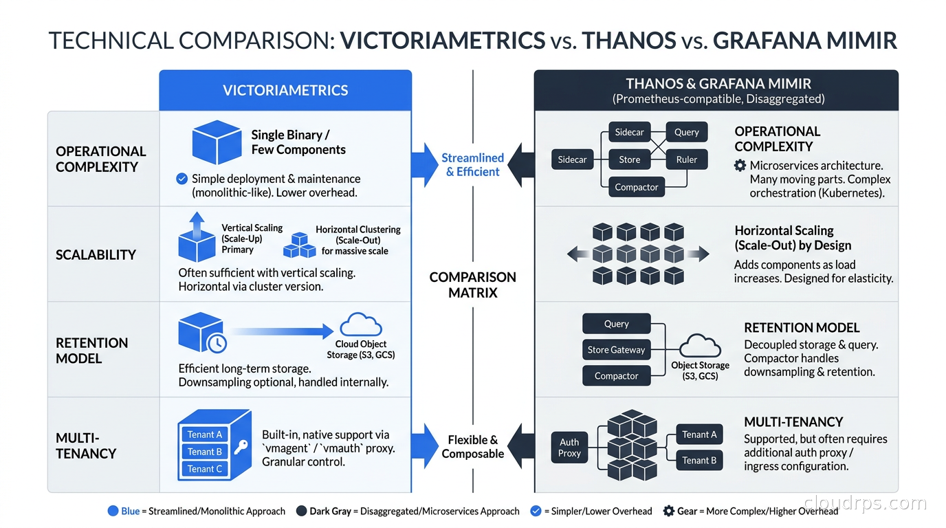 Comparison matrix of VictoriaMetrics versus Thanos versus Grafana Mimir across operational complexity, scalability, retention model, and multi-tenancy