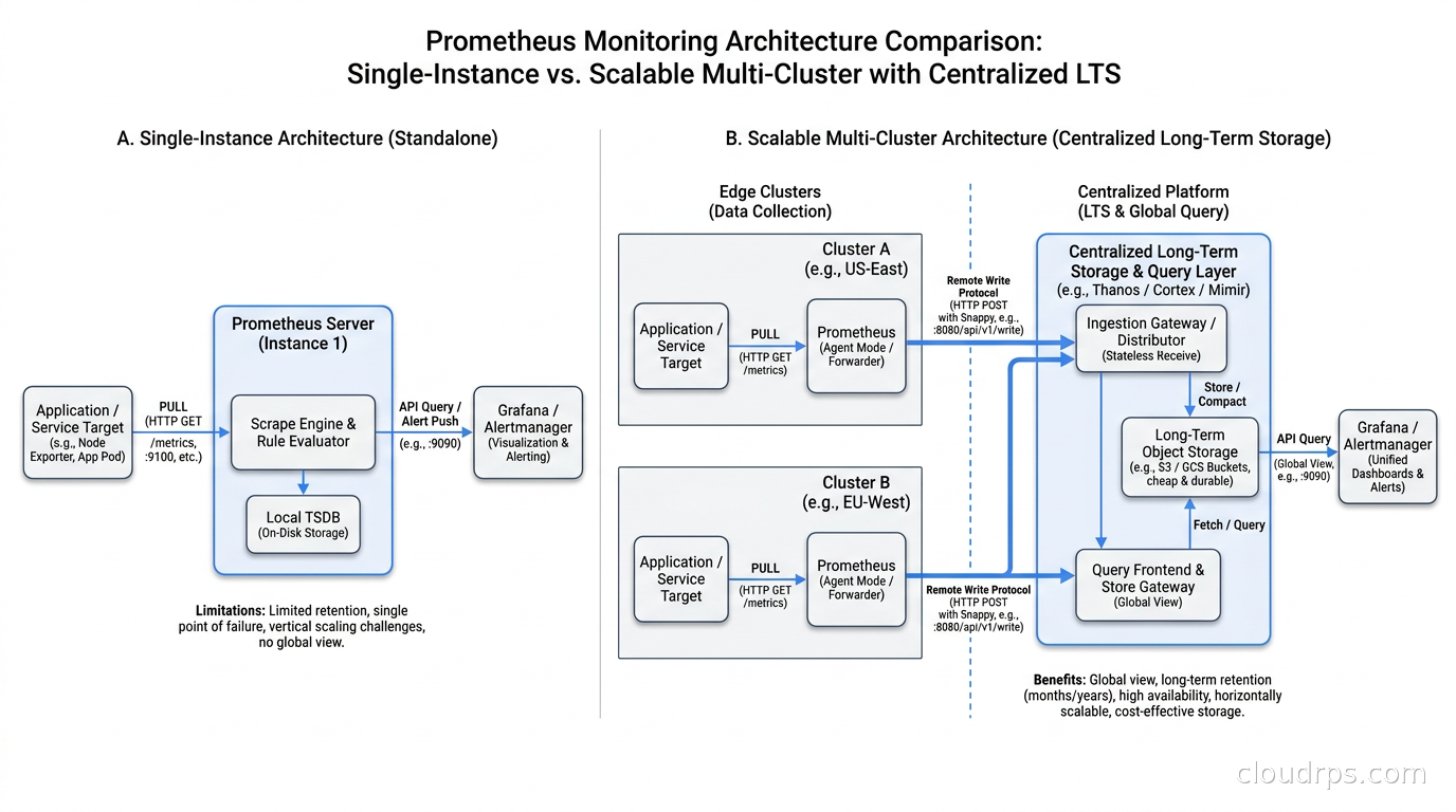 Prometheus single-instance architecture versus a scalable multi-cluster monitoring architecture with centralized long-term storage