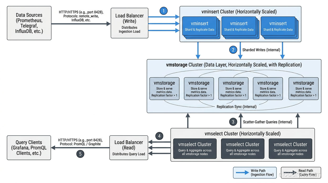 VictoriaMetrics cluster architecture showing vminsert, vmselect, and vmstorage components with horizontal scaling