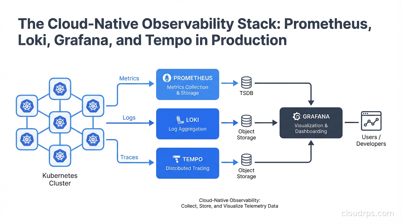 Architecture diagram of Prometheus, Loki, Grafana, and Tempo observability stack connected to Kubernetes cluster