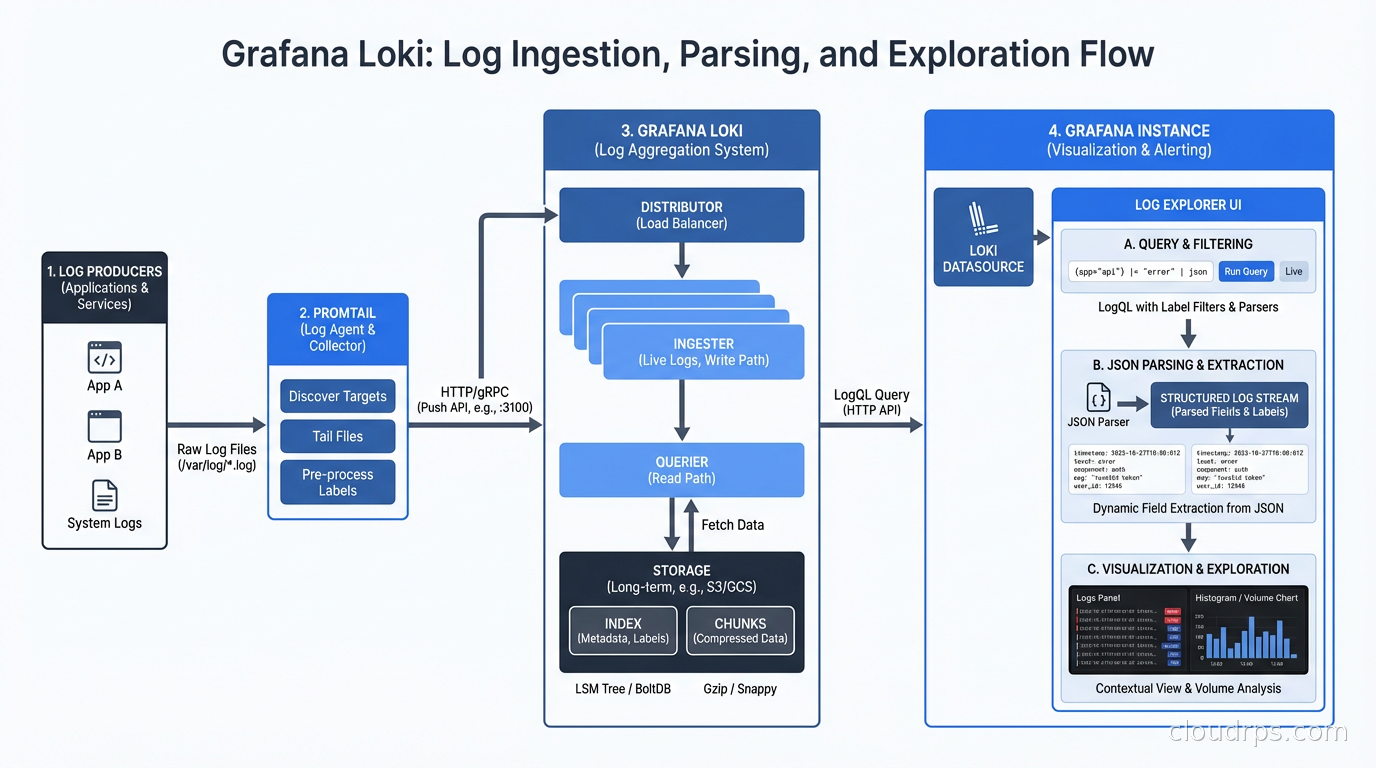 Grafana Loki log explorer showing structured log stream with JSON parsing and filtering