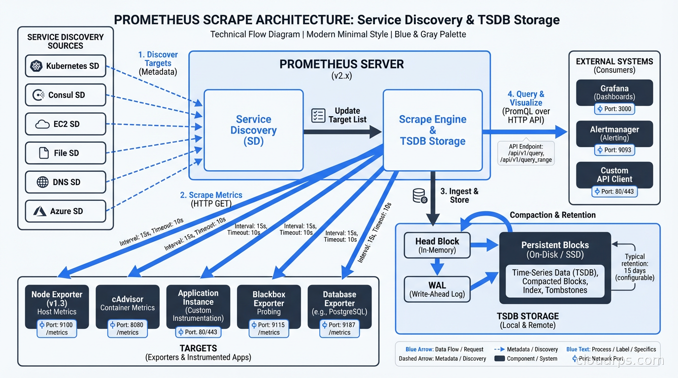 Prometheus scrape architecture with service discovery and TSDB storage