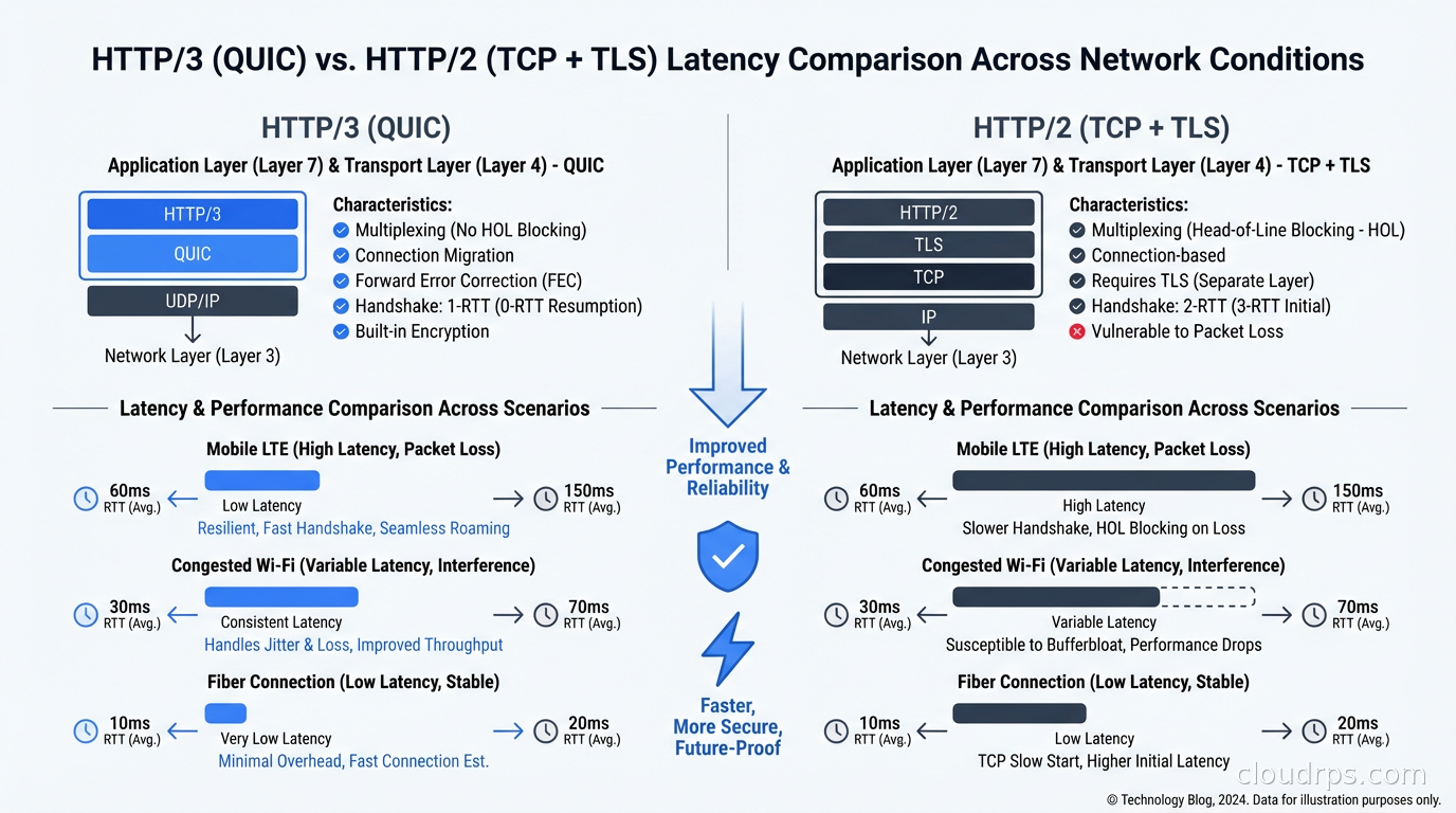 HTTP/3 versus HTTP/2 latency comparison across different network conditions including mobile LTE, congested wifi, and fiber connections