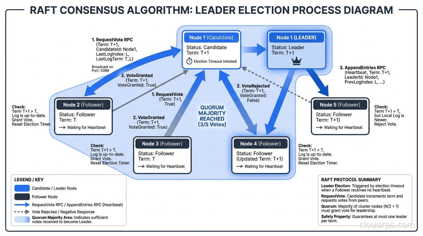 Raft leader election diagram showing five nodes voting and quorum majority