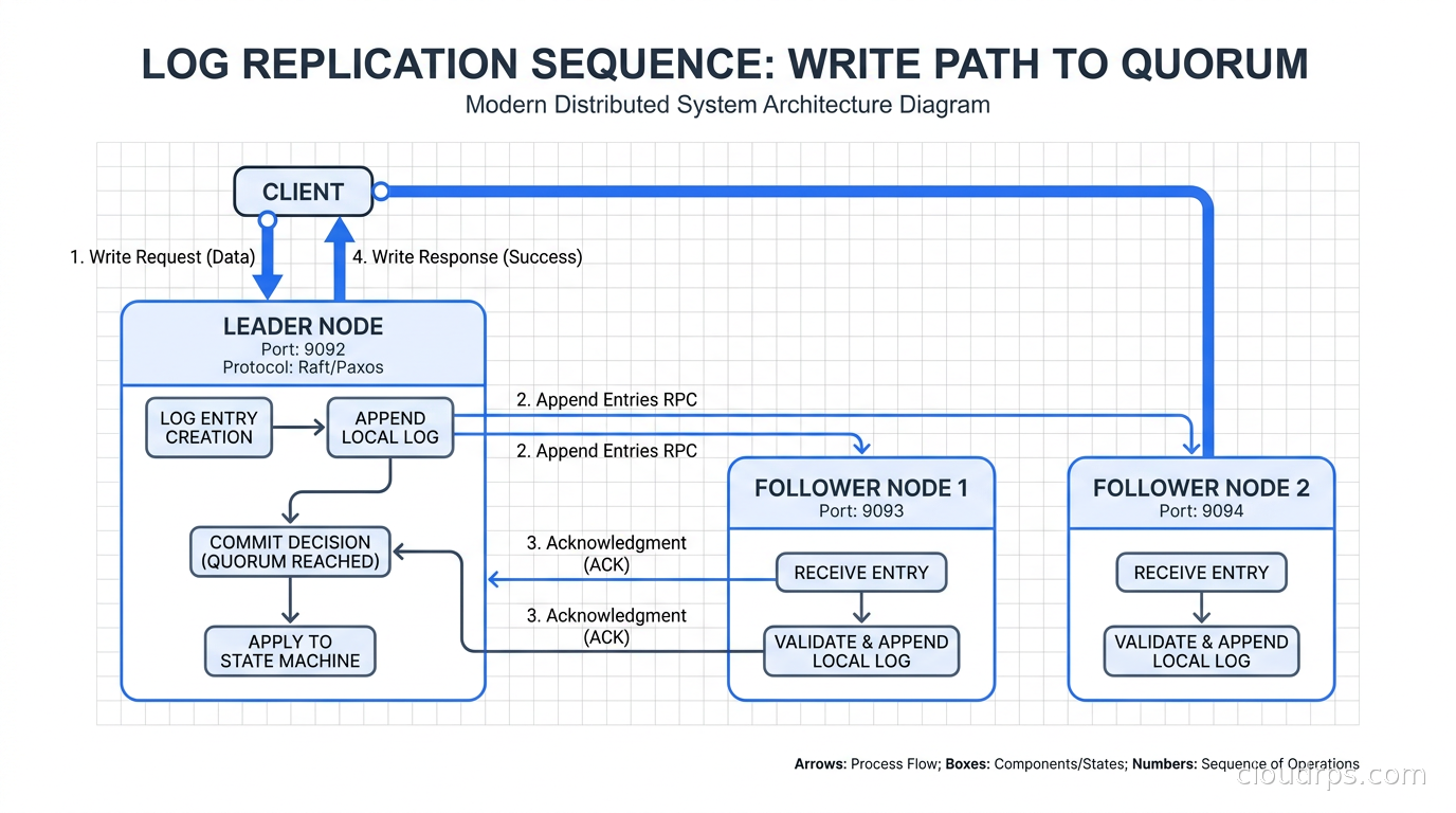 Log replication sequence diagram showing write path from client through leader to follower quorum
