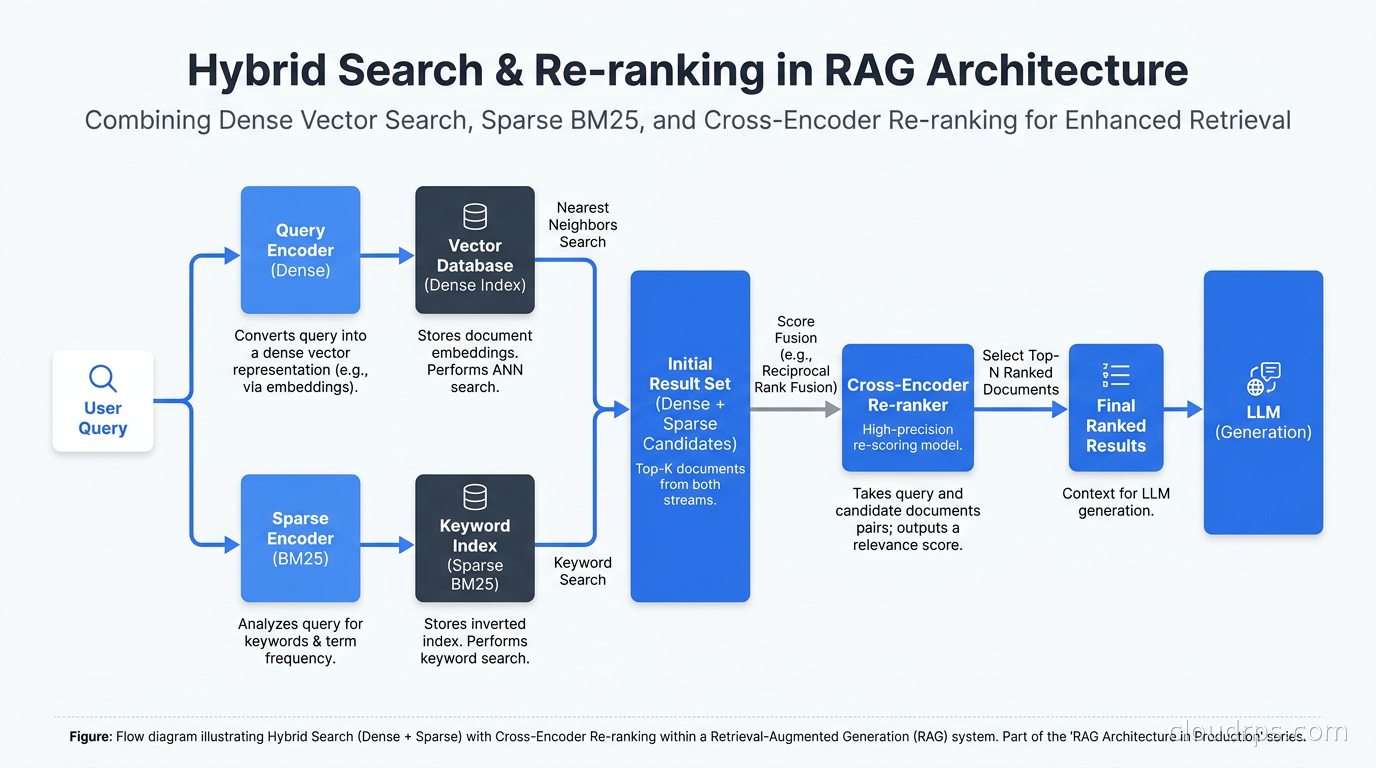 Hybrid search combining dense vector search with sparse BM25 retrieval and cross-encoder re-ranking