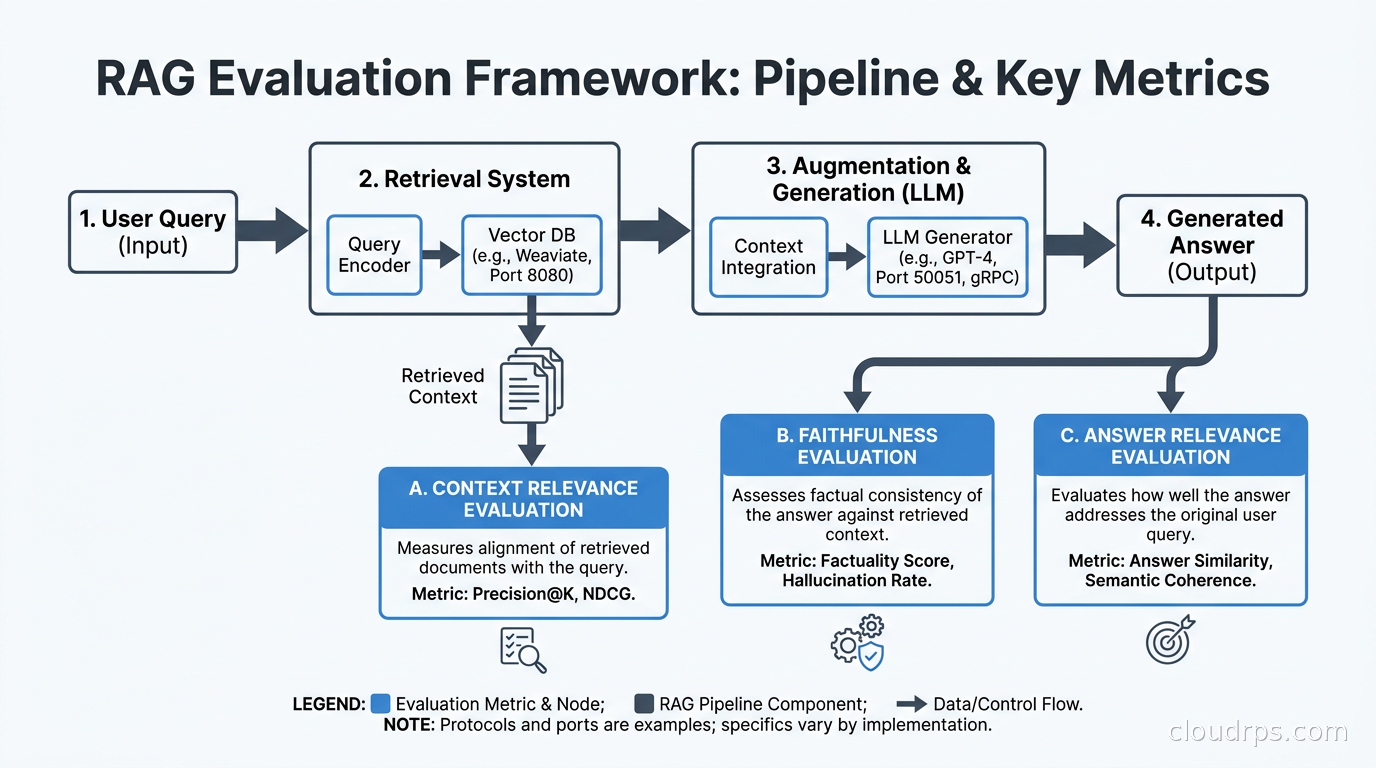 RAG evaluation framework showing faithfulness, answer relevance, and context relevance metrics across the pipeline