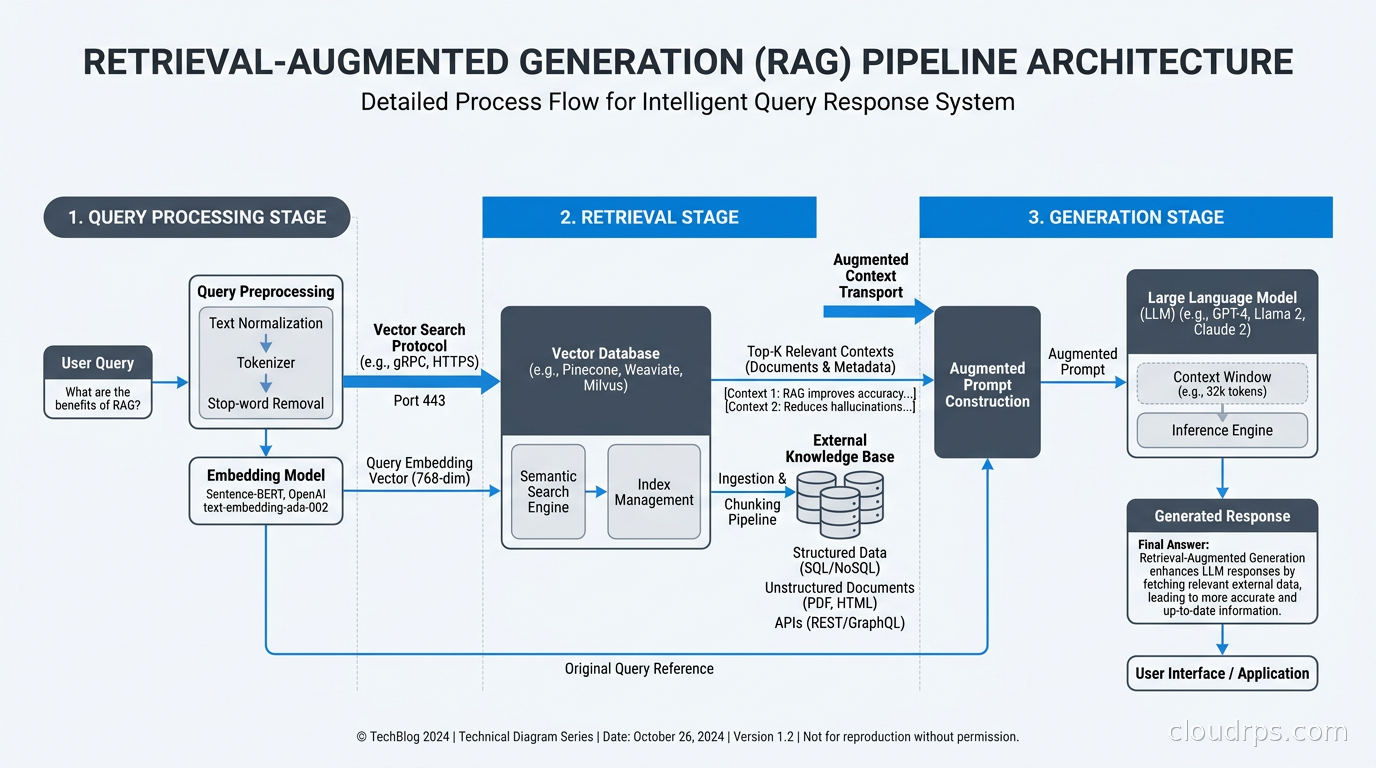 RAG pipeline architecture showing query processing, retrieval, and generation stages