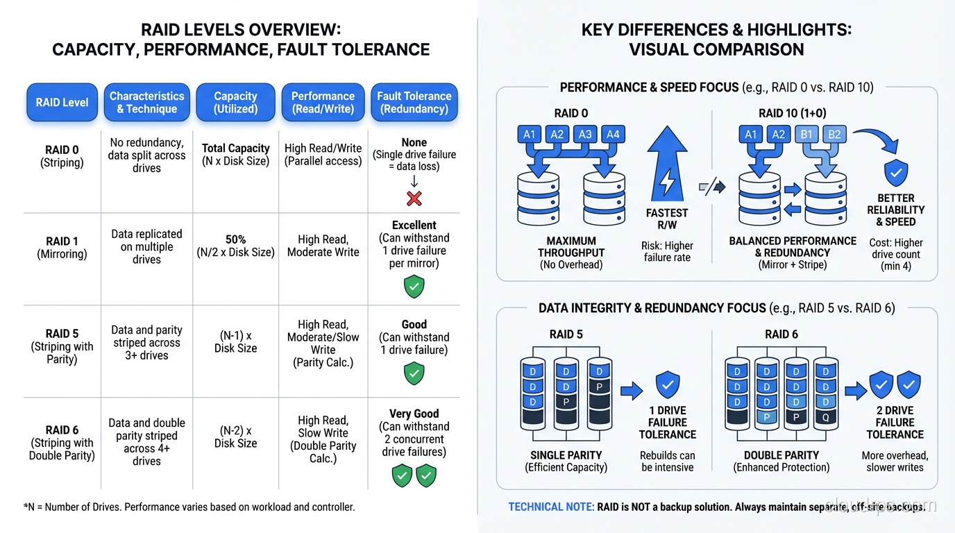 Summary comparison table of RAID levels showing capacity, performance, and fault tolerance