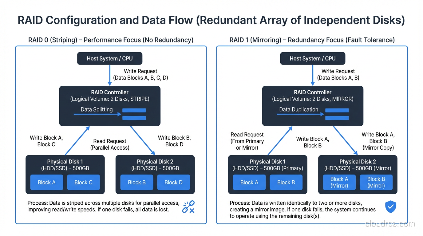 RAID 0 and RAID 1 diagrams showing striping and mirroring configurations