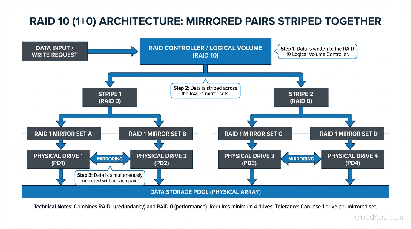 RAID 10 diagram showing mirrored pairs striped together
