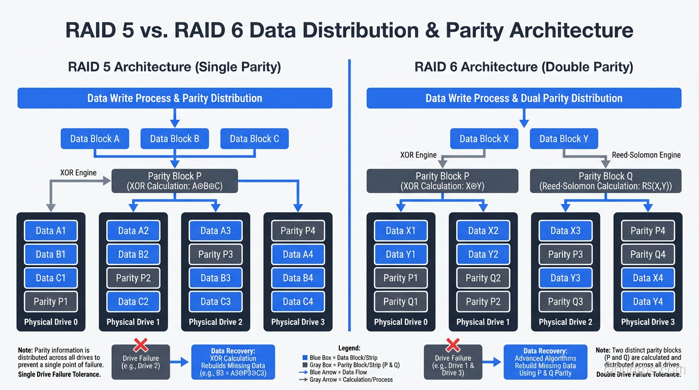 RAID 5 and RAID 6 diagrams showing single and double parity distribution across drives