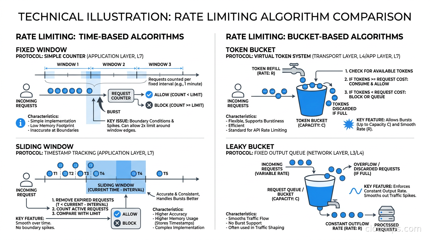 Rate limiting algorithm comparison: fixed window, sliding window, token bucket, leaky bucket