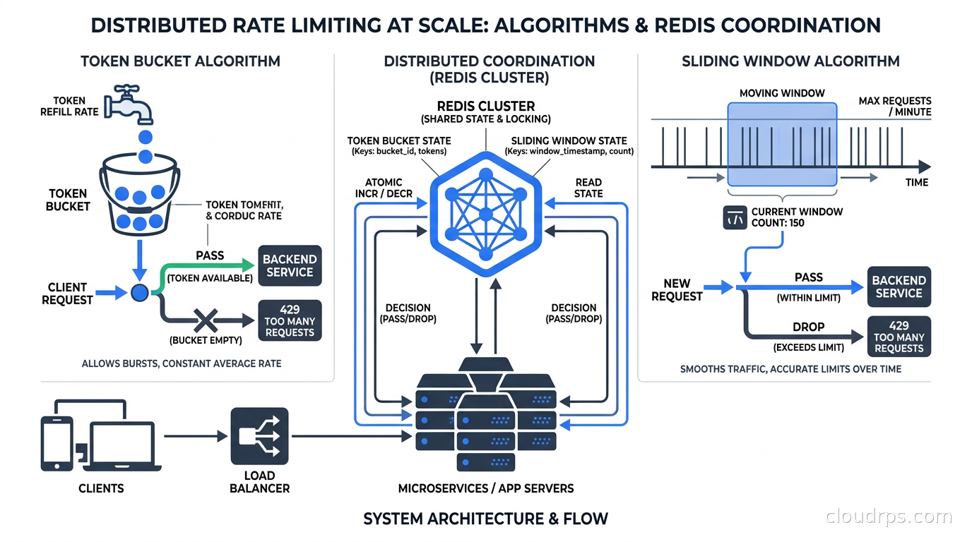 Diagram showing token bucket and sliding window rate limiting algorithms with Redis distributed coordination