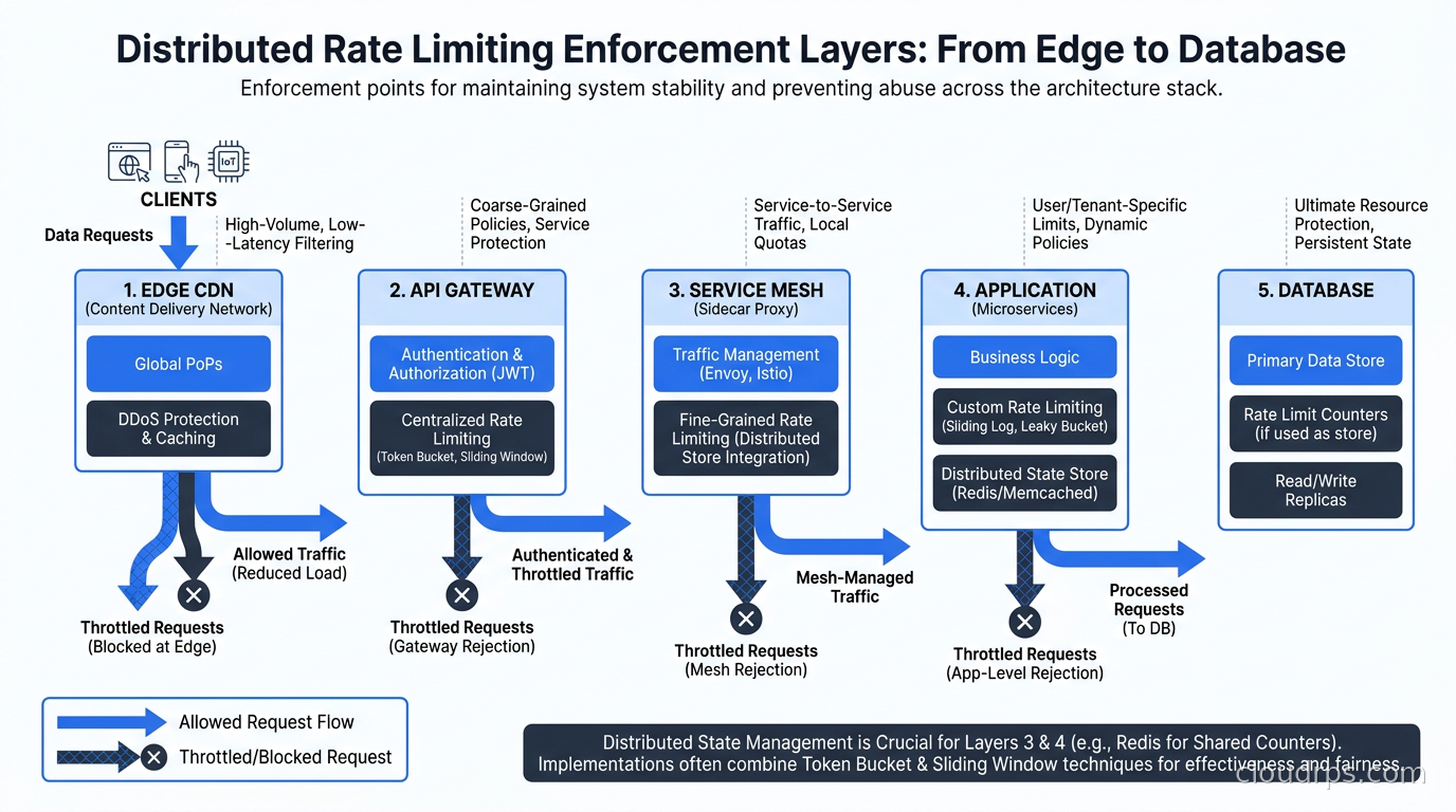 Rate limiting enforcement layers: edge CDN, API gateway, service mesh, application, database