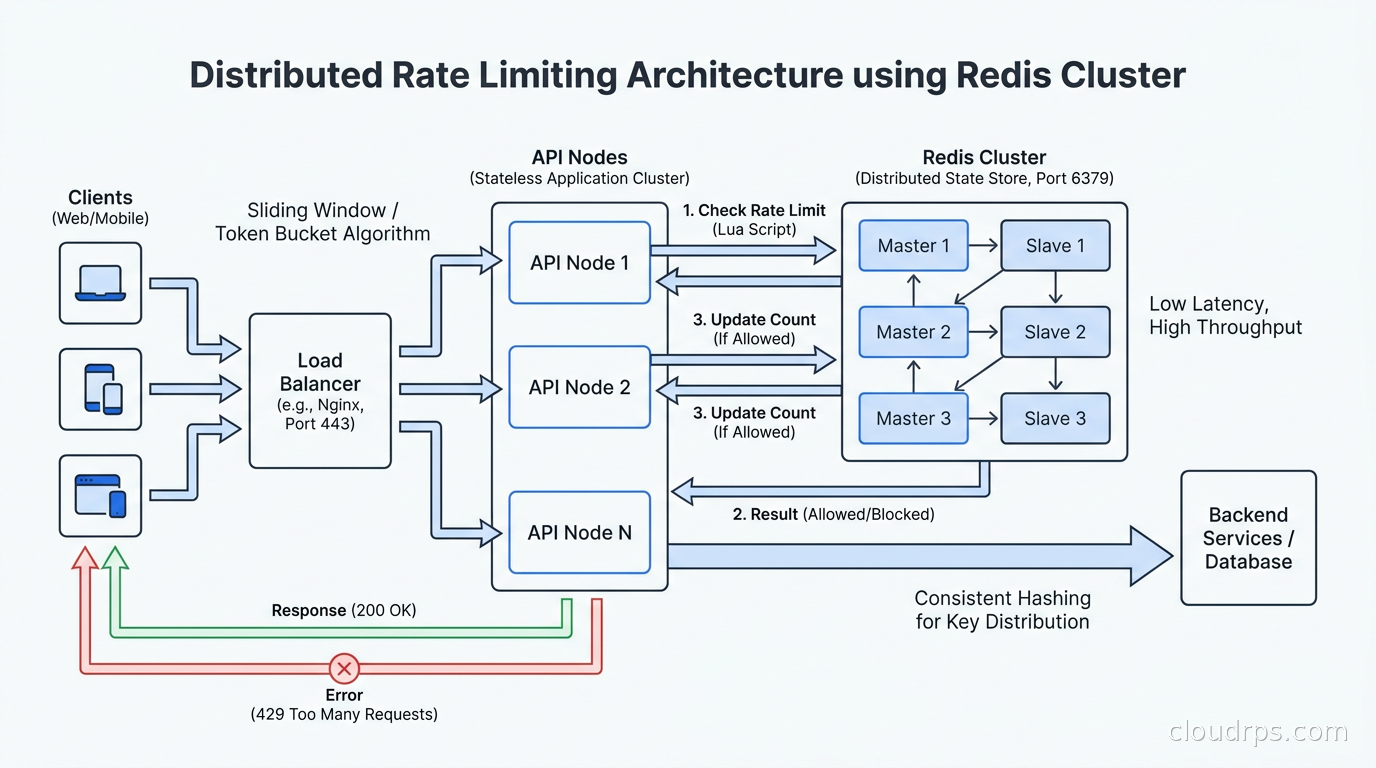 Distributed rate limiting architecture with Redis Cluster and multiple API nodes