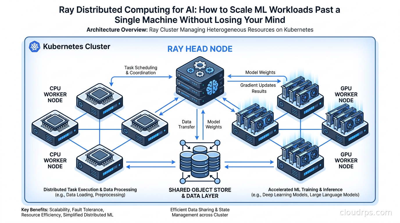 Ray distributed computing cluster architecture showing head node coordinating GPU and CPU worker nodes across a Kubernetes cluster