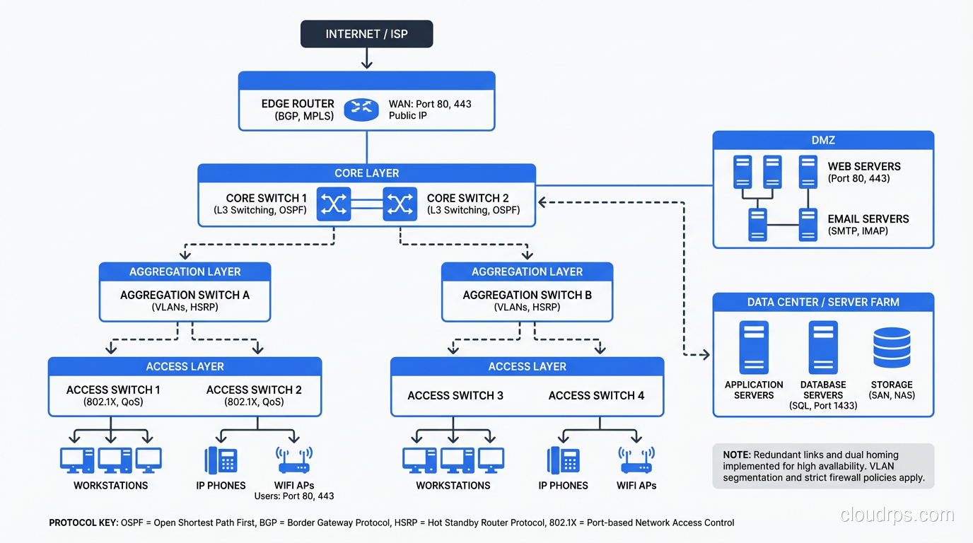 Enterprise network architecture showing switches and routers at each layer