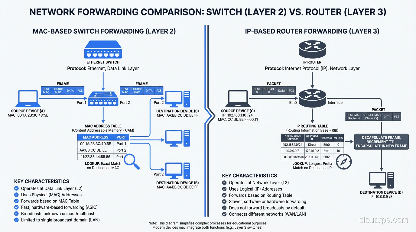 Comparison of switch forwarding (MAC-based) vs router forwarding (IP-based)