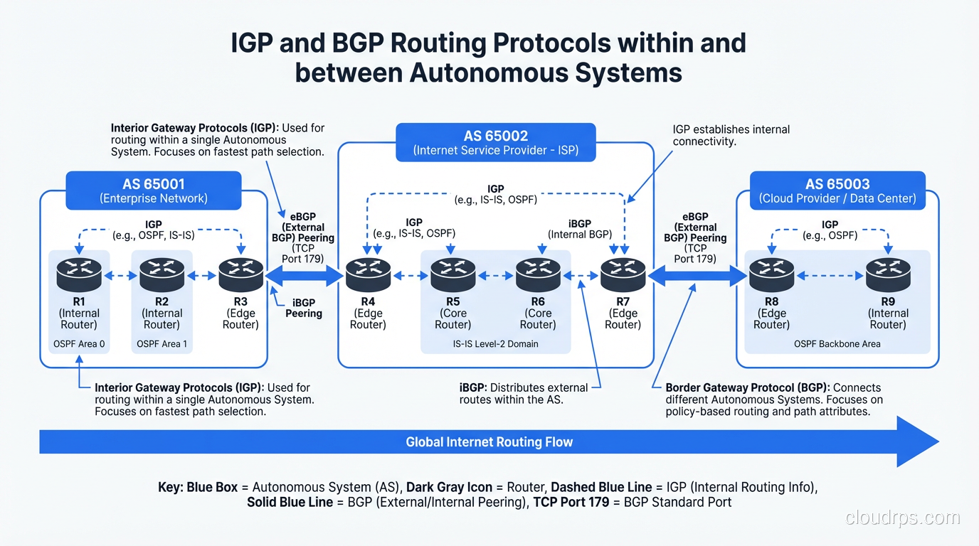 Diagram showing IGP protocols operating within autonomous systems and BGP connecting them