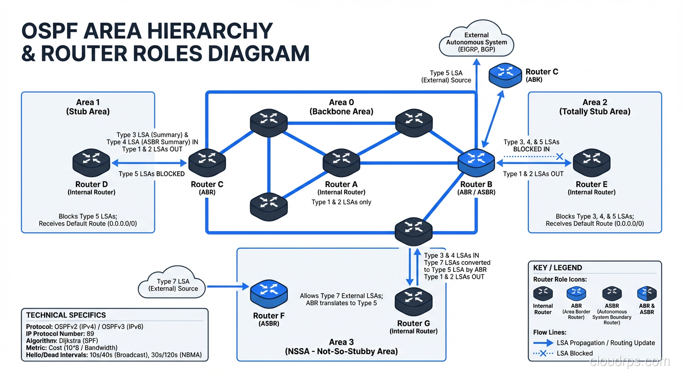 OSPF area hierarchy showing Area 0 backbone, stub areas, and router roles