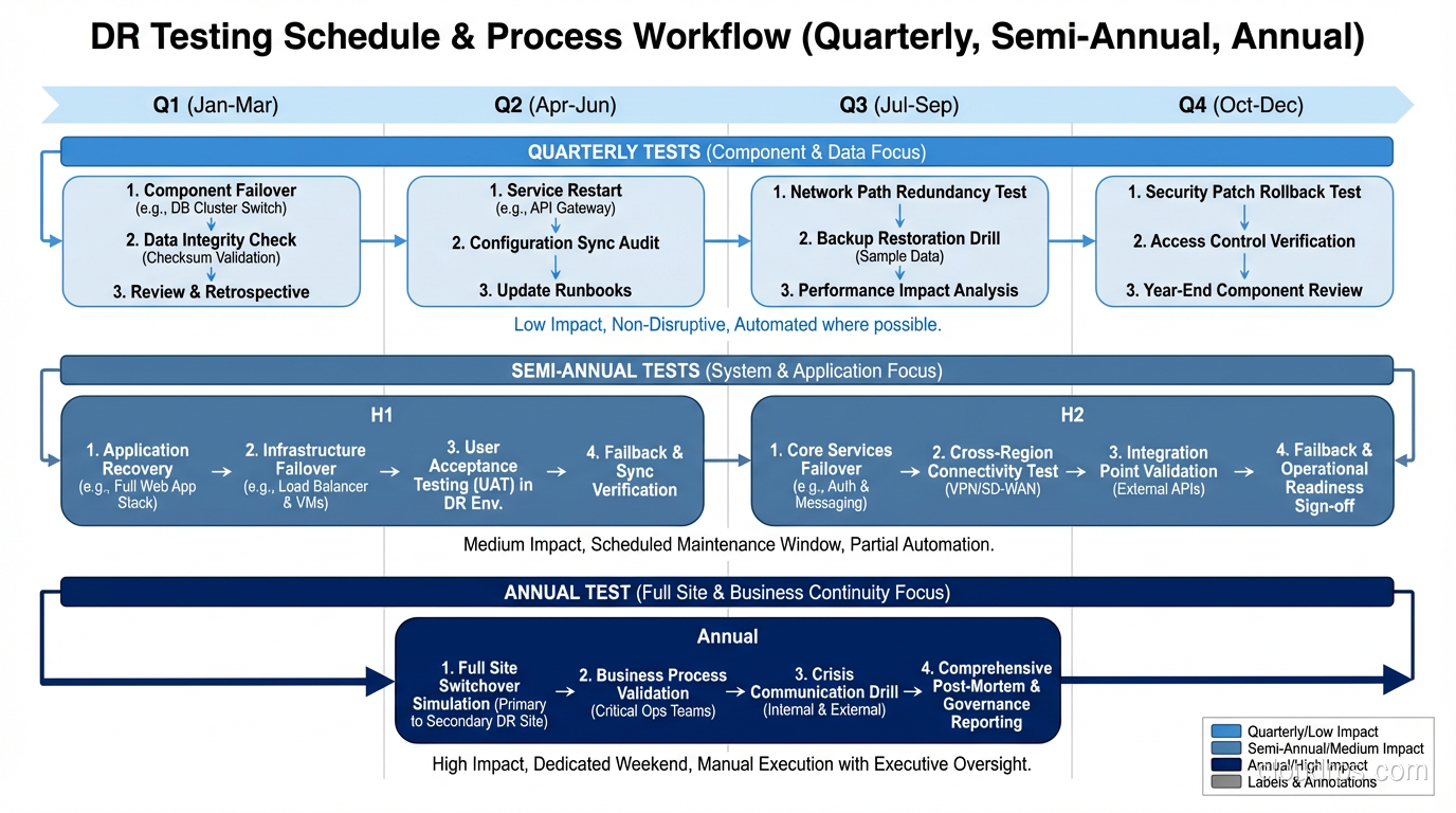 DR testing schedule showing quarterly, semi-annual, and annual test types