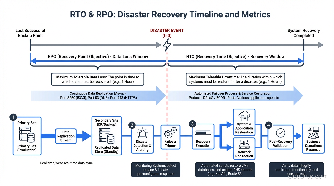 RTO and RPO timeline showing disaster event, data loss window, and recovery window
