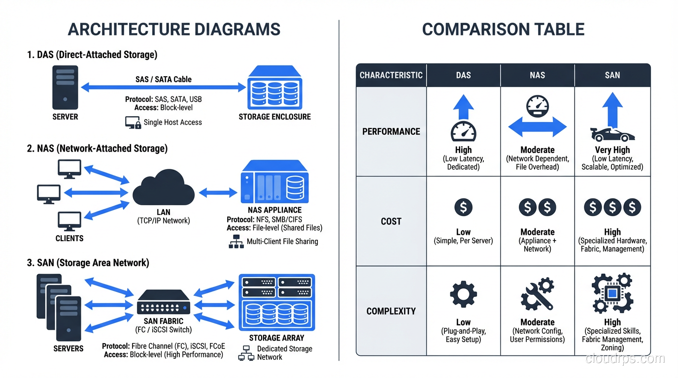 Comparison table summarizing SAN, NAS, and DAS characteristics across performance, cost, and complexity