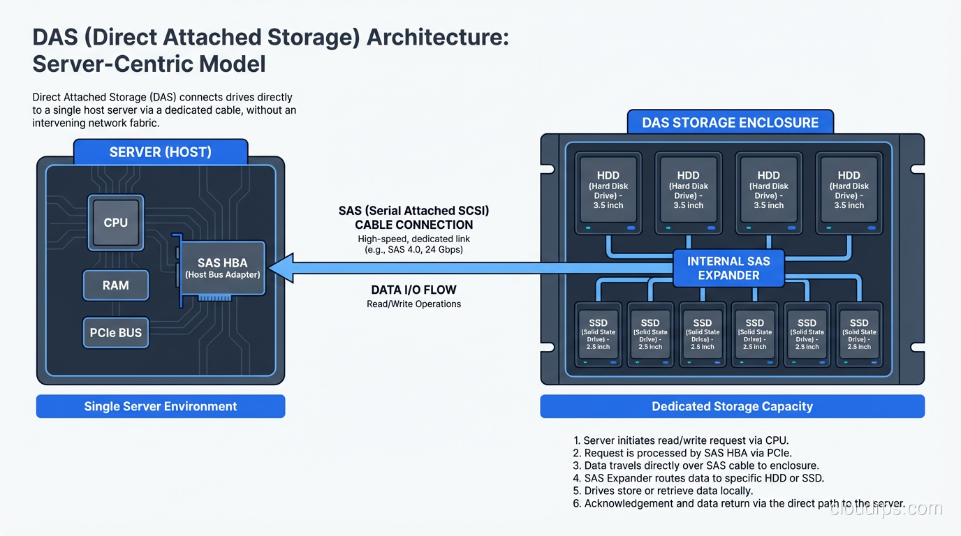 DAS architecture showing drives connected directly to a single server