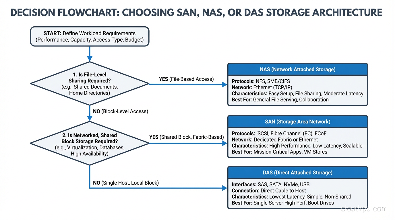 Decision flowchart for choosing between SAN, NAS, and DAS based on workload requirements