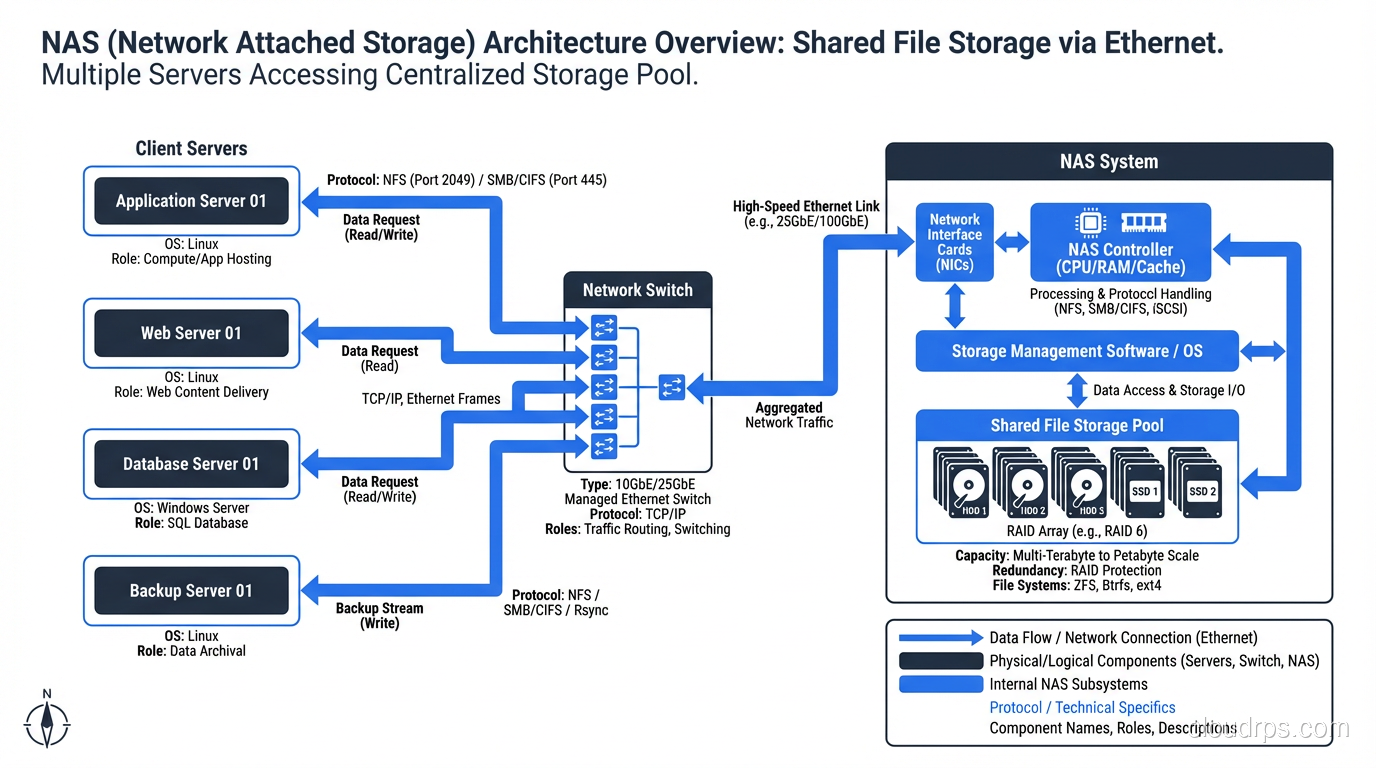 NAS architecture showing multiple servers accessing shared file storage over Ethernet