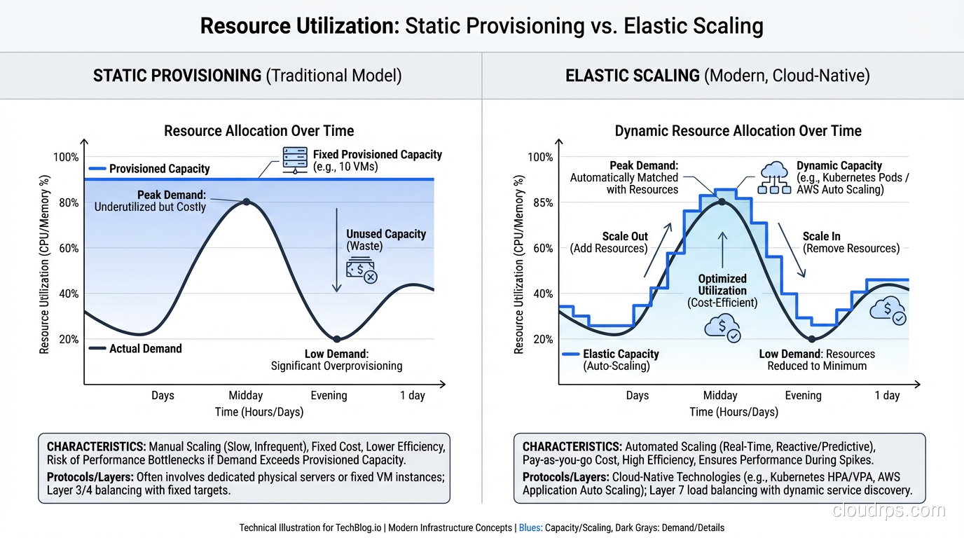 Graph showing resource utilization over time for static provisioning vs elastic scaling