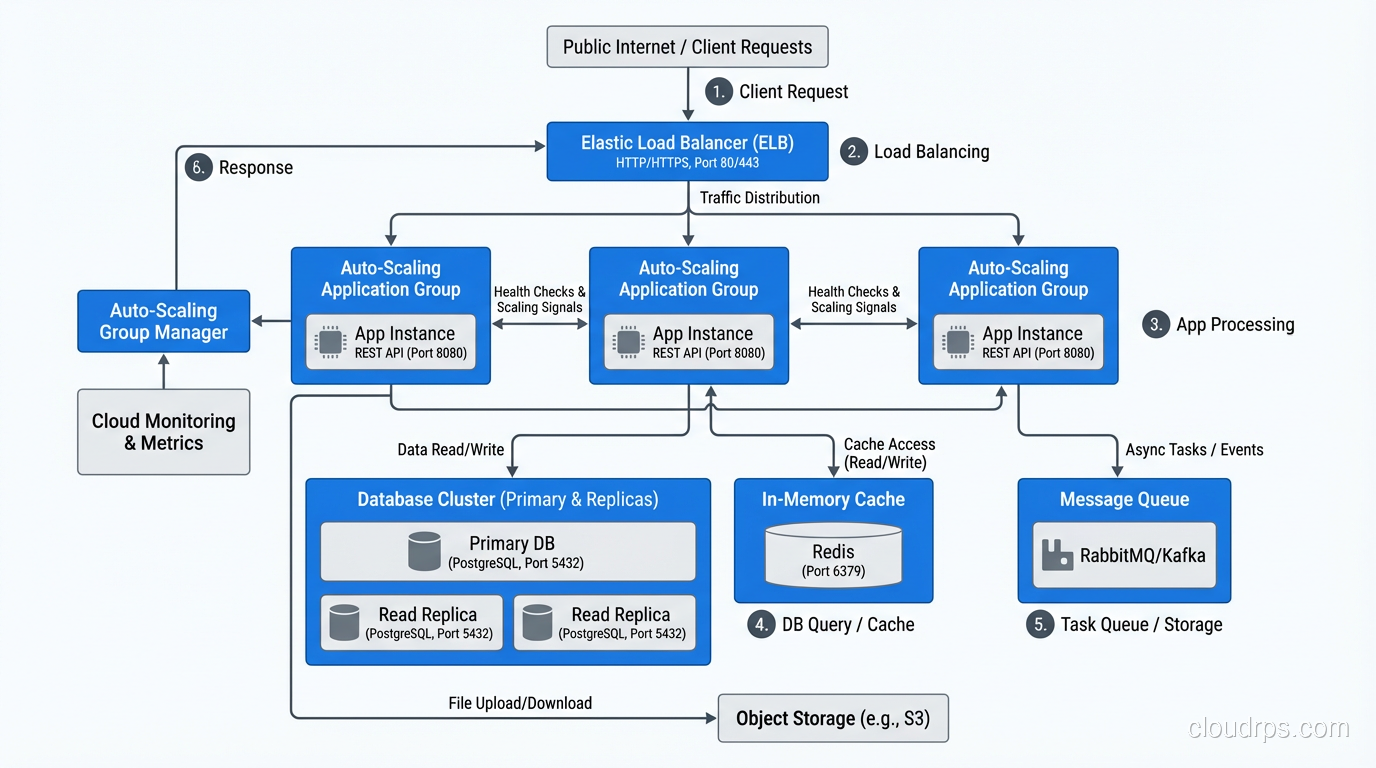 Architecture diagram showing a fully elastic, horizontally scalable cloud application