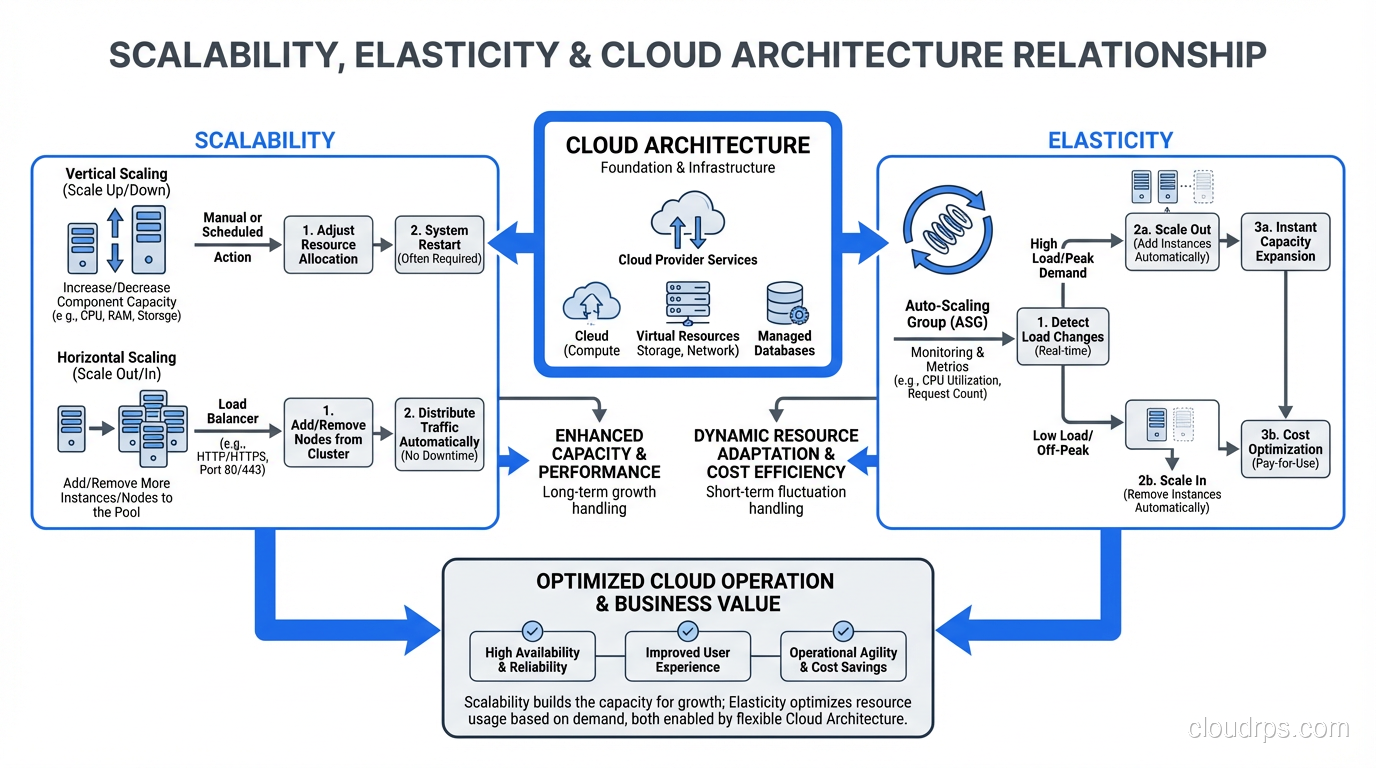 Summary diagram showing the relationship between scalability, elasticity, and cloud architecture