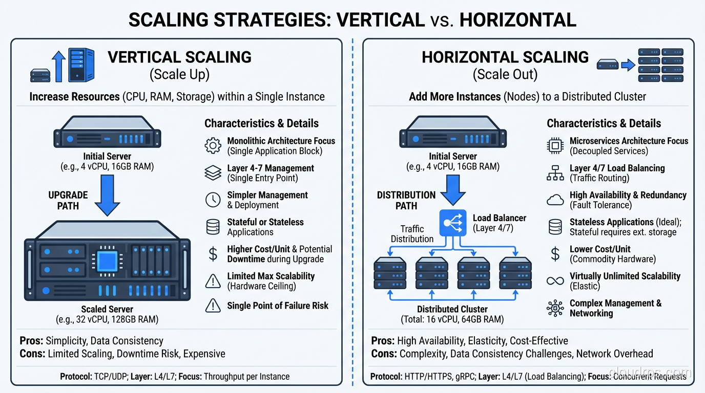 Comparison of vertical scaling (bigger instance) vs horizontal scaling (more instances)