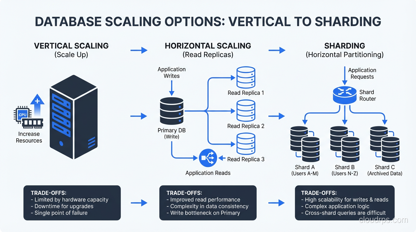 Database scaling options from vertical to sharding with trade-offs