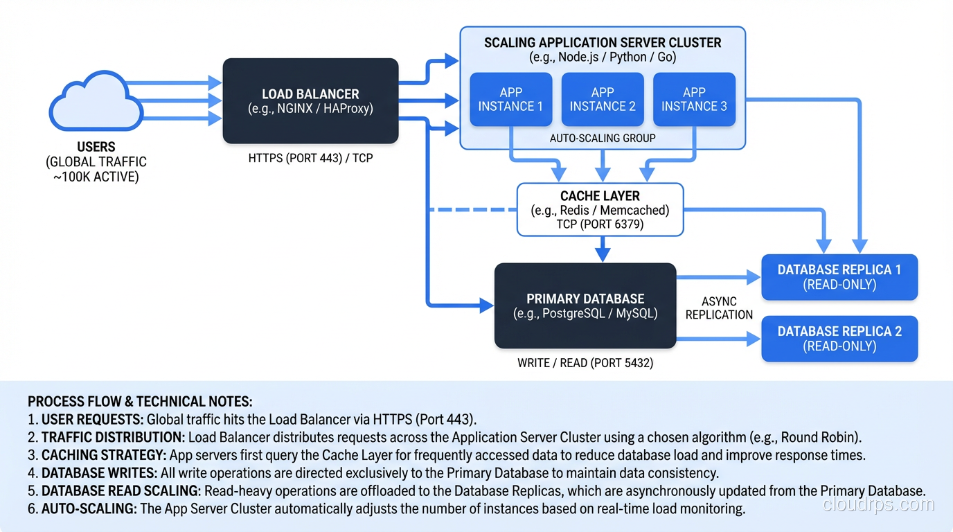Scaling architecture at 100K users showing load balancer, app servers, cache, and database replicas